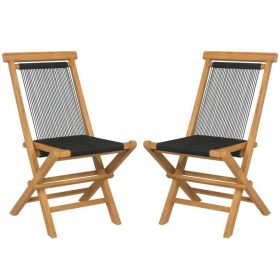 2 Piece Indonesia Teak Patio Folding Chairs with Woven Rope Seat and Back for Porch Backyard Poolside